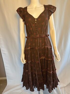 Sundance Brown Maxi Dress with Red Floral Print